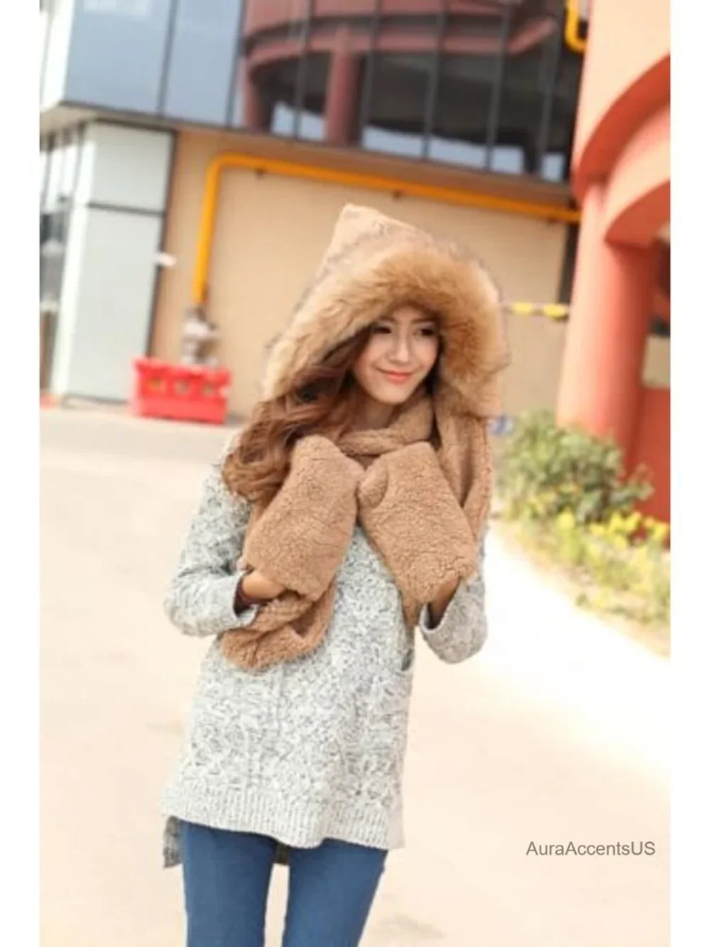 Winter Warm Women Hoodie Hat Scarf Gloves Set Soft Plush Thick
